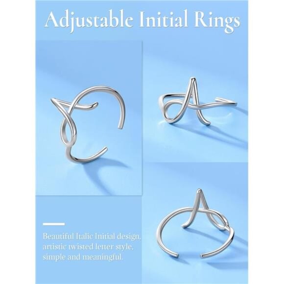 S925 Initial Rings, Adjustable Size 6-12 Statement Alphabet Letter A-Z Jewelry - Picture 5 of 7